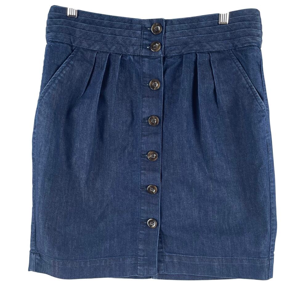 Anthropologie Pilcro Womens Denim Skirt SZ 10 Dark Wash Button Front Pleated